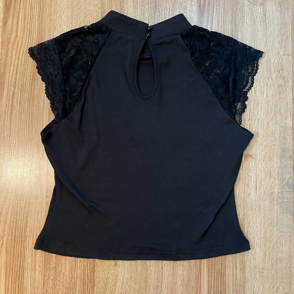 Cider Black Mock-Neck Short Lace Sleeve Tee - Picture 6 of 9